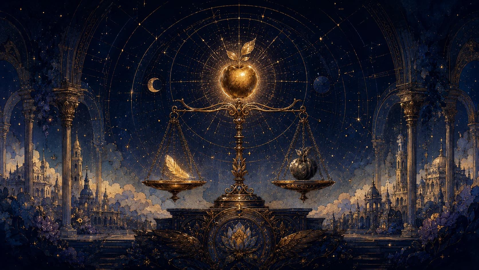 A celestial scale balancing a golden feather and a dark fruit beneath a radiant apple