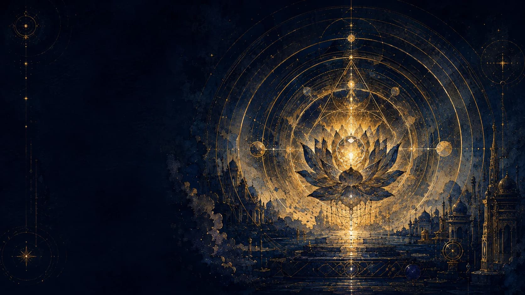 A radiant crystal lotus suspended within celestial geometry