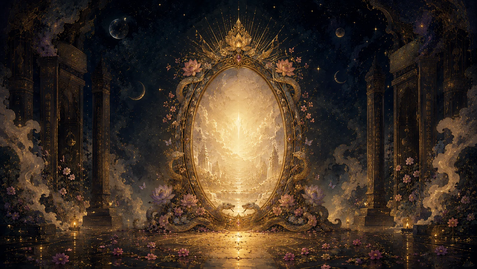 A sacred golden mirror glowing inside a cosmic observatory