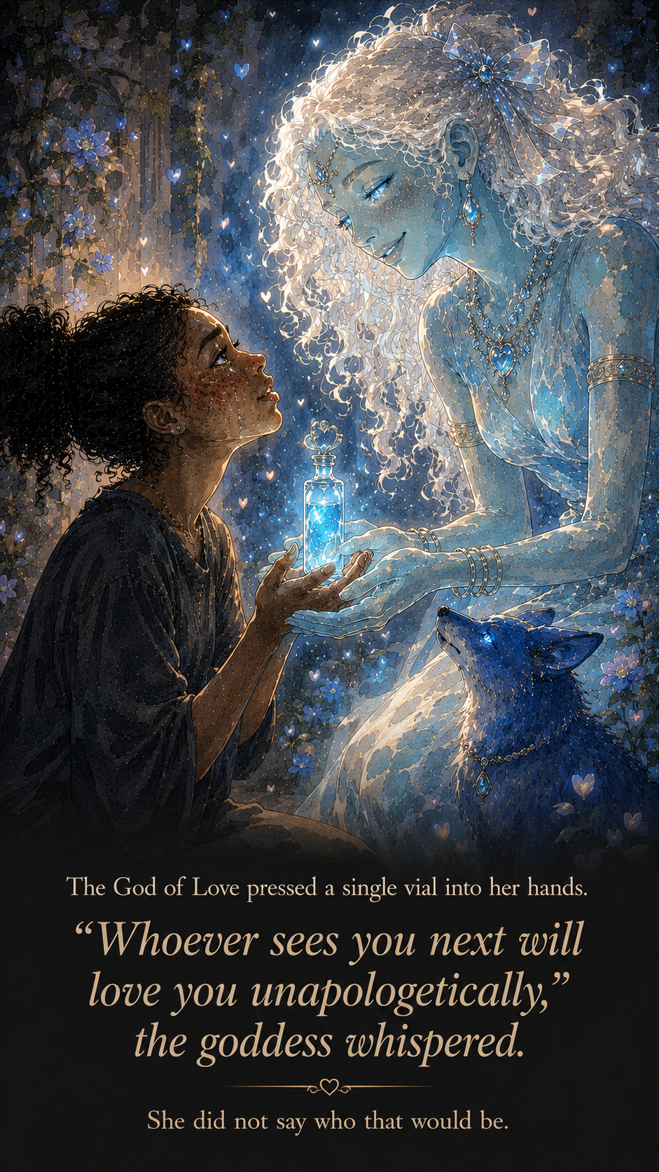 Malika reflected in a blue sacred mirror after being blessed by Love