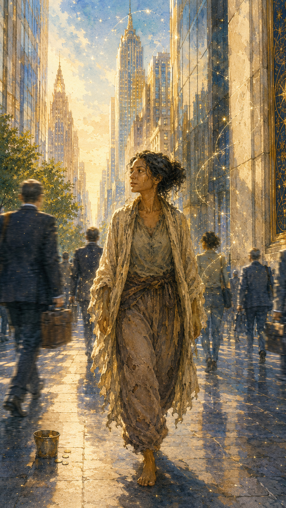 Patricia seated on a city street as the indigo God of Wisdom appears above her in gold celestial light