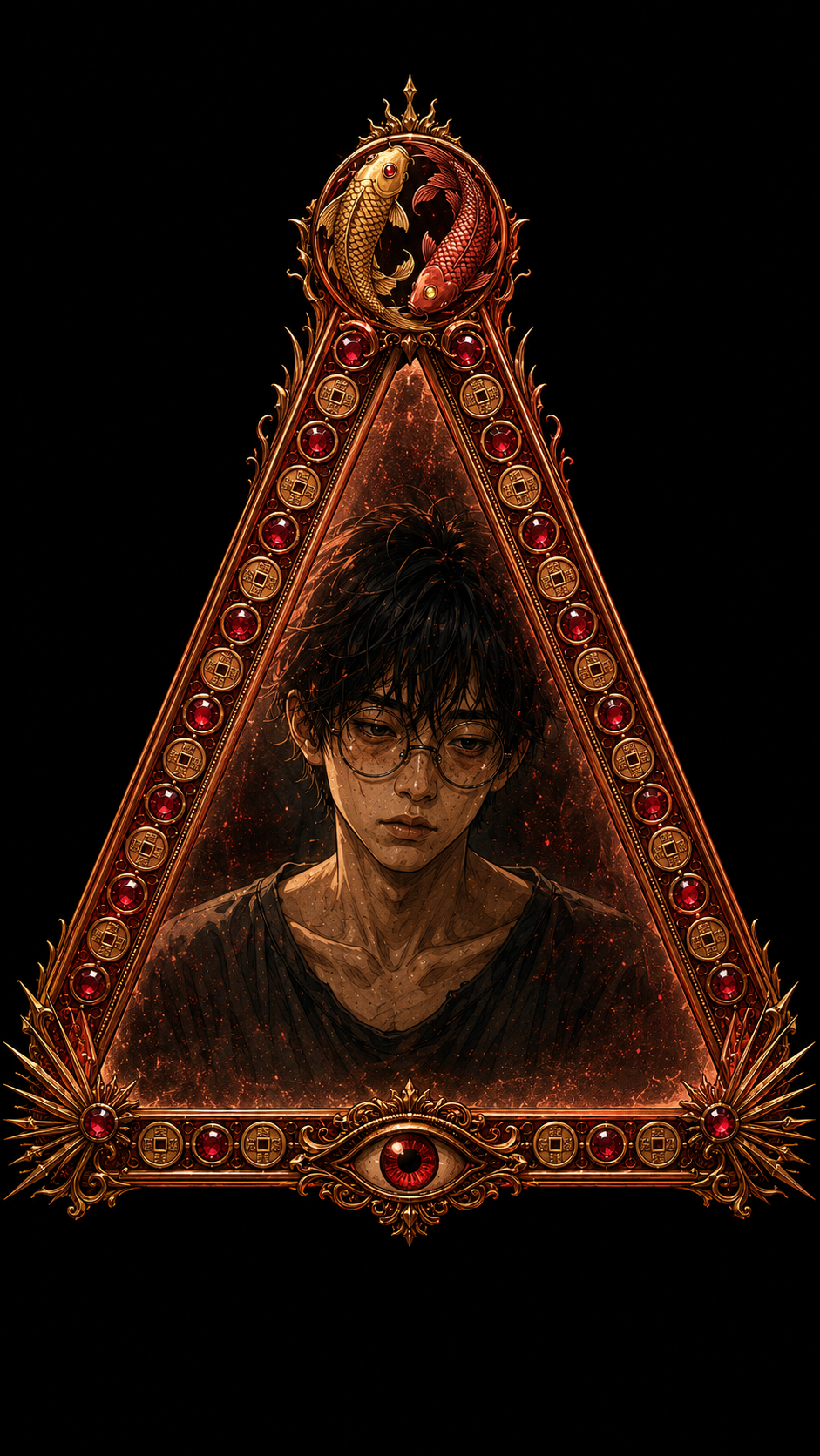 Takeshi reflected in a red triangular sacred glass after being blessed by Fortune